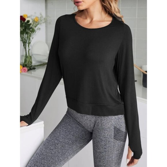 Shein Scoop Neck Open Back Long Sleeve Shirt Black Women’s Size M - Picture 4 of 10